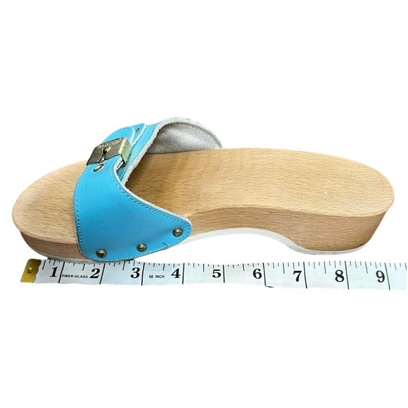 VINTAGE Dr. School's The Original Wood Sandals Slides Blue Leather - Picture 6 of 7